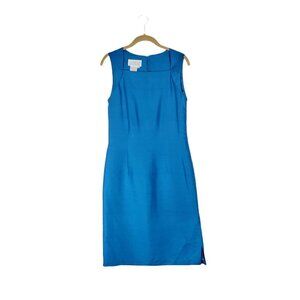 Long Elegant Legs Silk Cocktail Dress Blue Knee Length Sheath Size 8T Tall